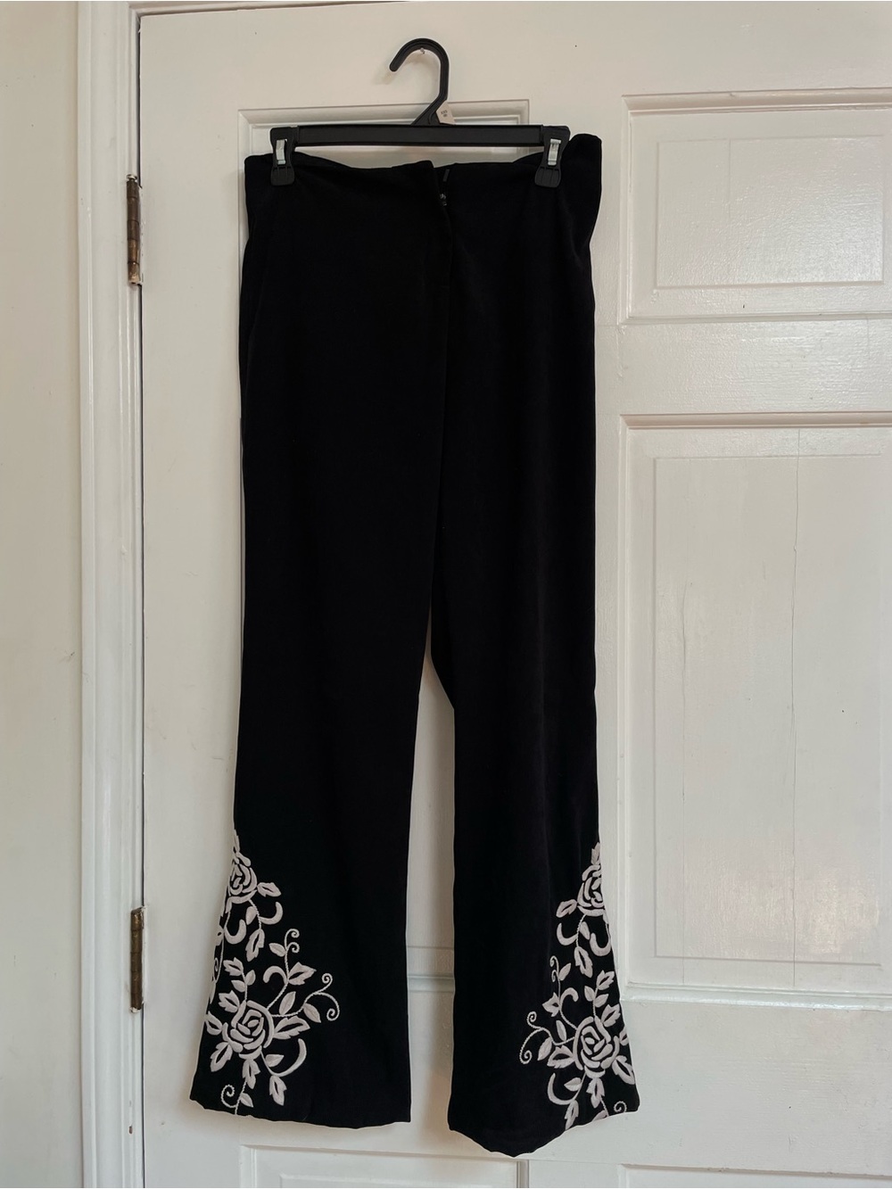 White House Black Market Black Flare Pants with White Floral Embroidery